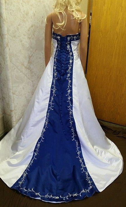 white and bright blue wedding gown